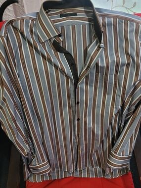 Men's Brown & Gray Striped Casual Button-Down Shirt